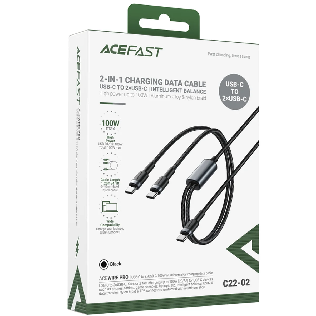 Дата кабель Acefast C22-02 2in1 Type-C to Type-C/Type-C 100W (1.2m) Black