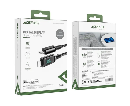 Дата кабель Acefast MFI C6-01 USB-C to Lightning zinc alloy digital display braided (1m) Black