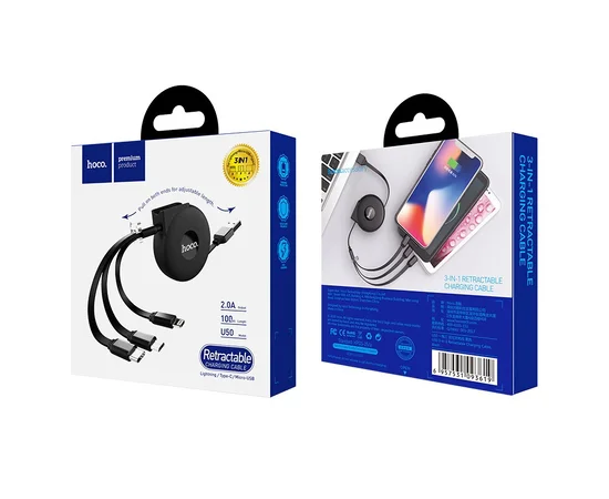 Дата кабель Hoco U50 3in1 Lightning-microUSB-Type-C (1m) Черный