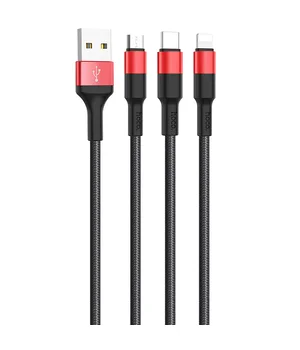 Дата кабель Hoco X26 Xpress 3in1 Lightning -MicroUSB-Type-C (1m) Черный / Красный