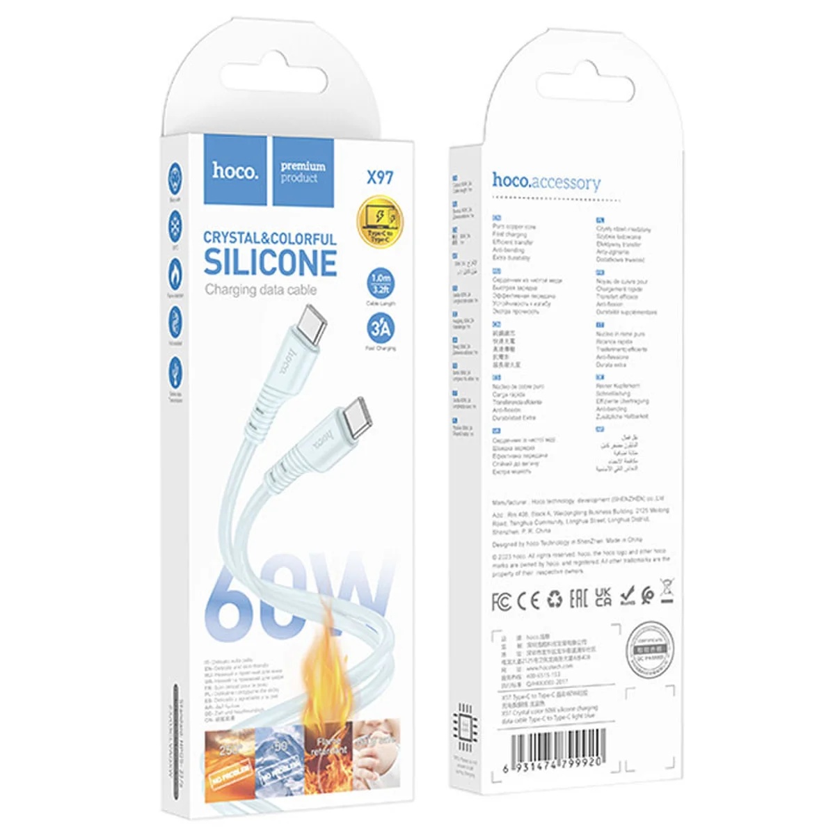 Дата кабель Hoco X97 Crystal color Type-C to Type-C 60W (1m) Light blue