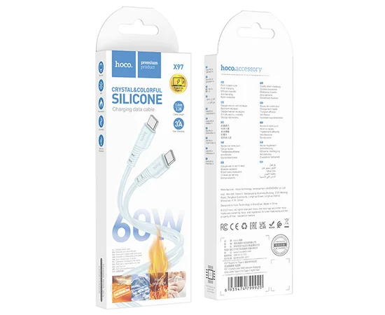 Дата кабель Hoco X97 Crystal color Type-C to Type-C 60W (1m) Light blue