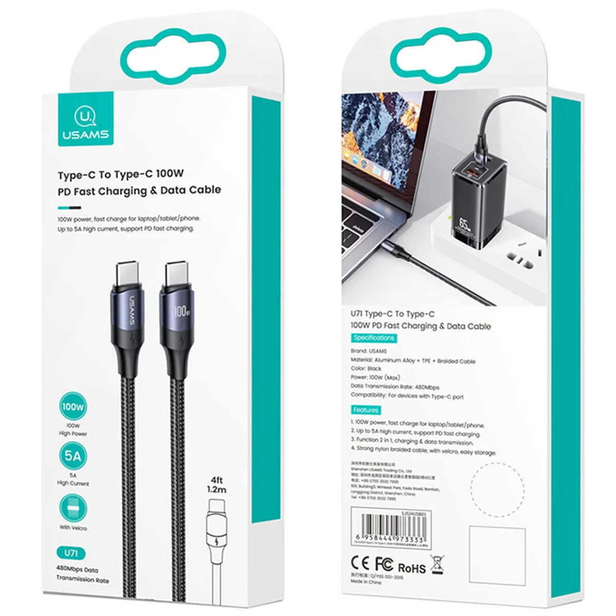 Дата кабель USAMS US-SJ524 U71 Type-C to Type-C PD 100W (1.2m) Black