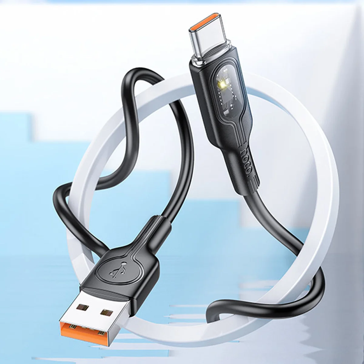 Дата кабель Hoco U120 Transparent explore intelligent power-off USB to Type-C 5A (1.2m) Black