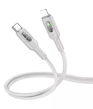 Дата кабель Hoco U120 Transparent explore intelligent power-off PD 27W Type-C to Lightning (1.2m) Gray