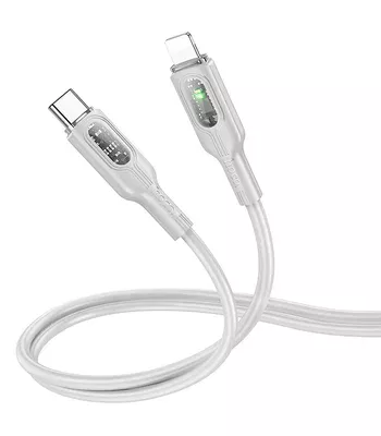 Дата кабель Hoco U120 Transparent explore intelligent power-off PD 27W Type-C to Lightning (1.2m) Gray