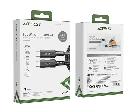 Дата кабель Acefast C4-03 USB-C to USB-C 100W aluminum alloy (1m) Black
