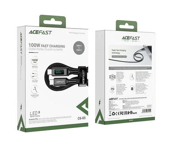 Дата кабель Acefast C6-03 USB-C to USB-C 100W zinc alloy digital display braided (1m) Black
