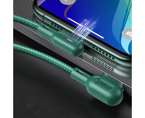 Дата кабель USAMS US-SJ455 U57 Lightning Dual Right-angle Cable With Colorful Light (1.2m) Зелений