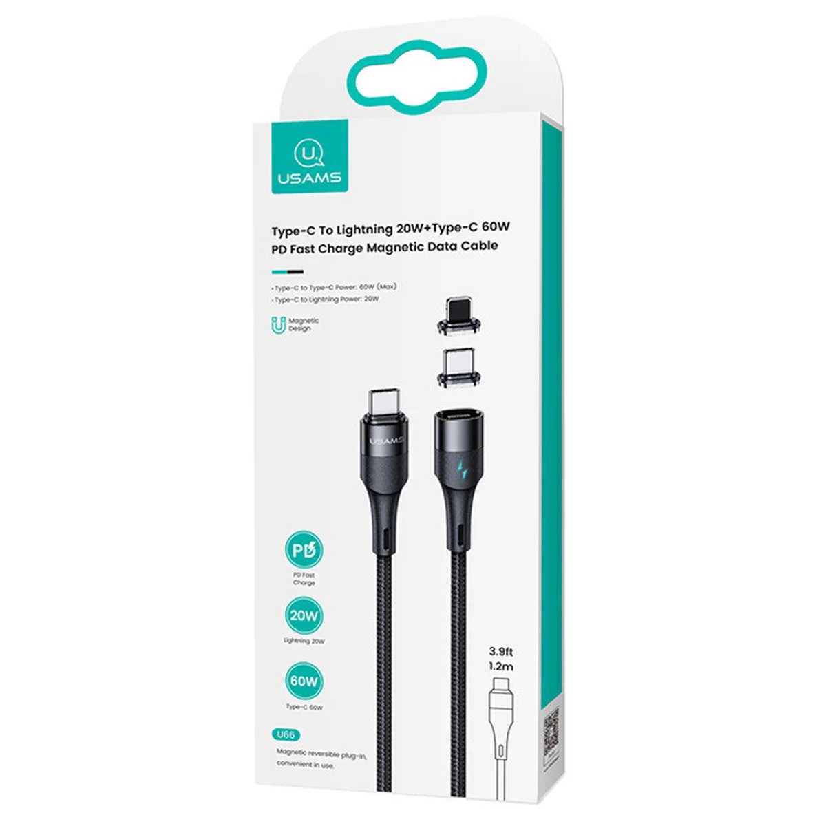 Дата кабель Usams US-SJ495 U66 Magnetic Type-C to Lightning 20W + Type-C 60W (1.2m) Черный