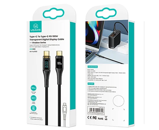 Дата кабель USAMS US-SJ591 Type-C to Type-C PD 100W Transparent Digital Display Cable (2m) Black