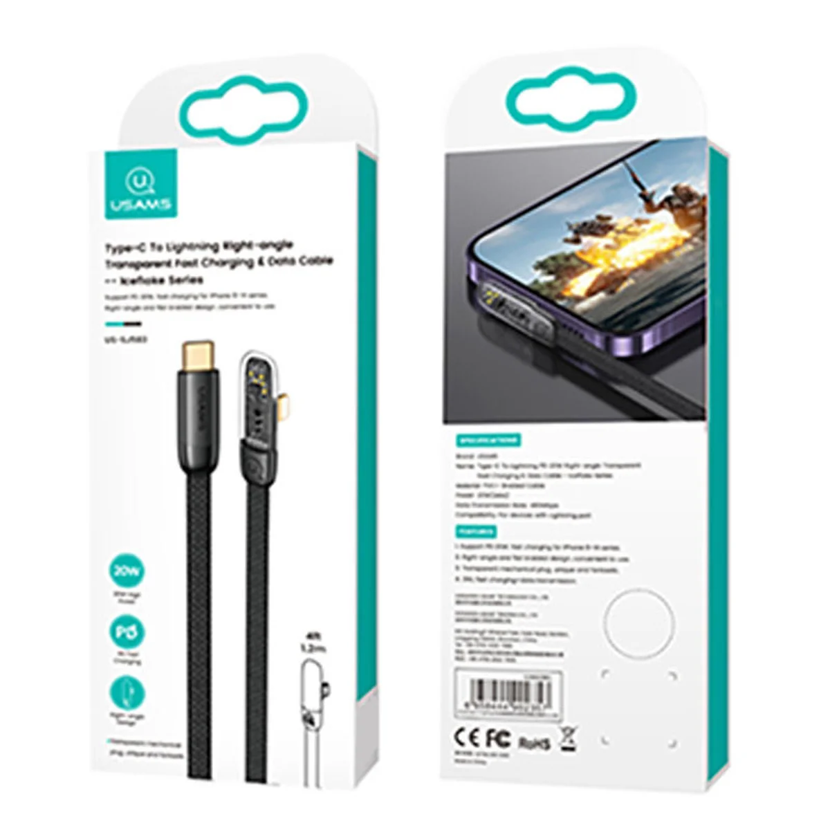 Дата кабель USAMS US-SJ583 Type-C to Lightning PD 20W Right-angle (1.2m) Black