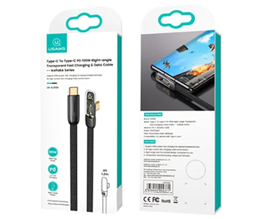 Дата кабель USAMS US-SJ584 Type-C to Type-C PD 100W Right-angle (1.2m) Black