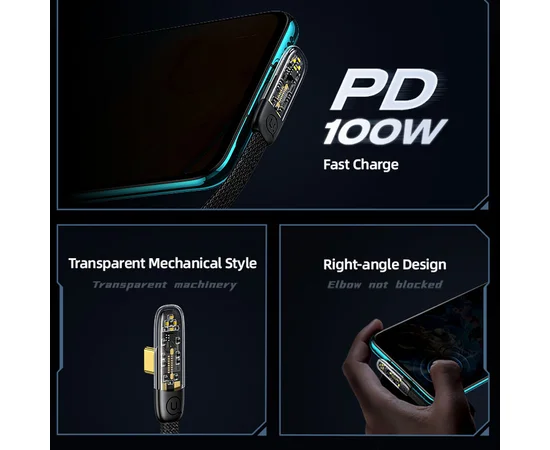 Дата кабель USAMS US-SJ584 Type-C to Type-C PD 100W Right-angle (1.2m) Black