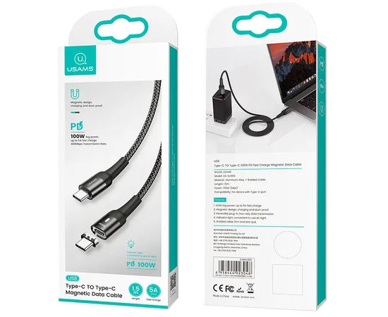 Дата кабель USAMS US-SJ466 U58 Type-C to Type-C 100W PD Fast Charge Magnetic Data Cable (1.5m) Черный