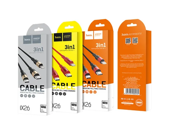 Дата кабель Hoco X26 Xpress 3in1 Lightning -MicroUSB-Type-C (1m) Черный / Красный