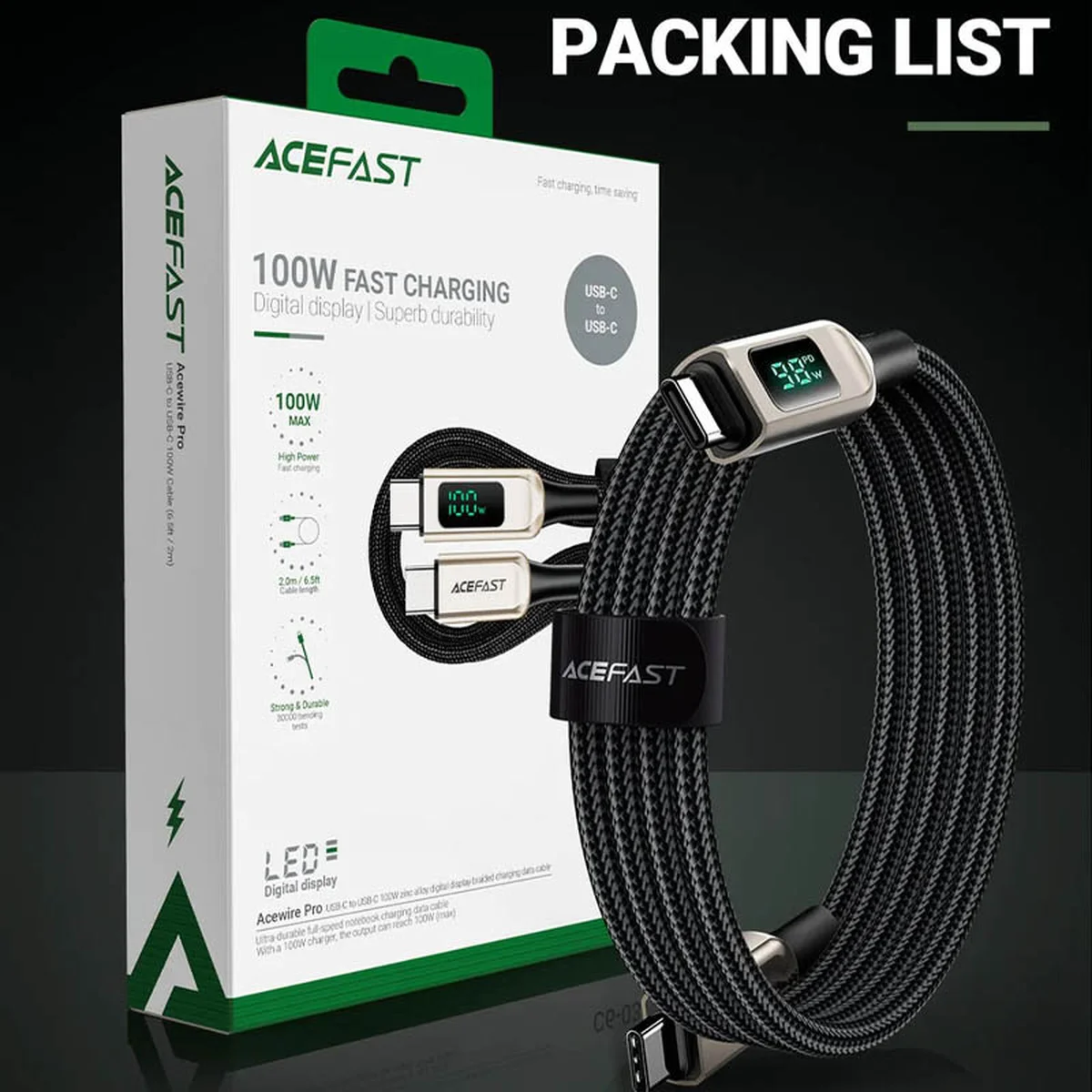 Дата кабель Acefast C6-03 USB-C to USB-C 100W zinc alloy digital display braided (1m) Silver