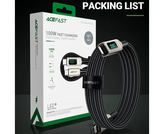 Дата кабель Acefast C6-03 USB-C to USB-C 100W zinc alloy digital display braided (1m) Silver