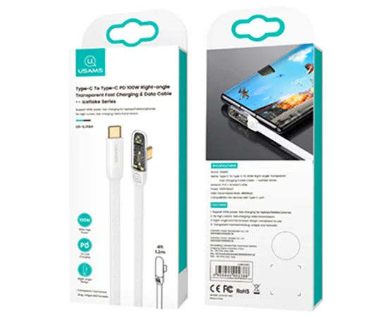 Дата кабель USAMS US-SJ584 Type-C to Type-C PD 100W Right-angle (1.2m) White