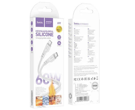 Дата кабель Hoco X97 Crystal color Type-C to Type-C 60W (1m) Light gray