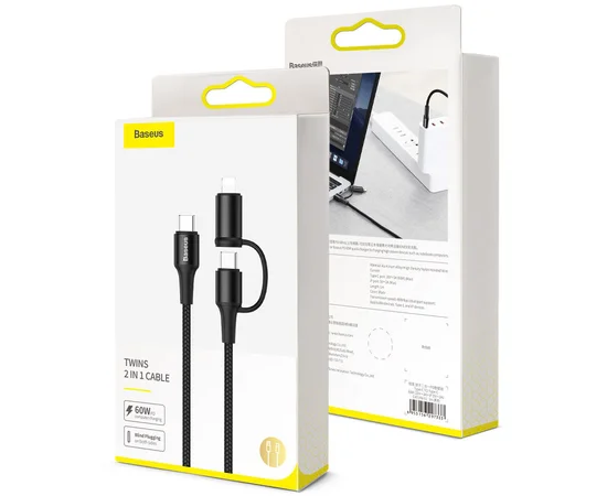Дата кабель Baseus Twins 2in1 cable Type-C to Type-C 60W (20V/3A) + Lightning 18W (9V/2A) (1m) Черный
