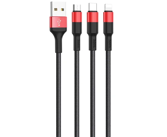 Дата кабель Hoco X26 Xpress 3in1 Lightning -MicroUSB-Type-C (1m) Черный / Красный