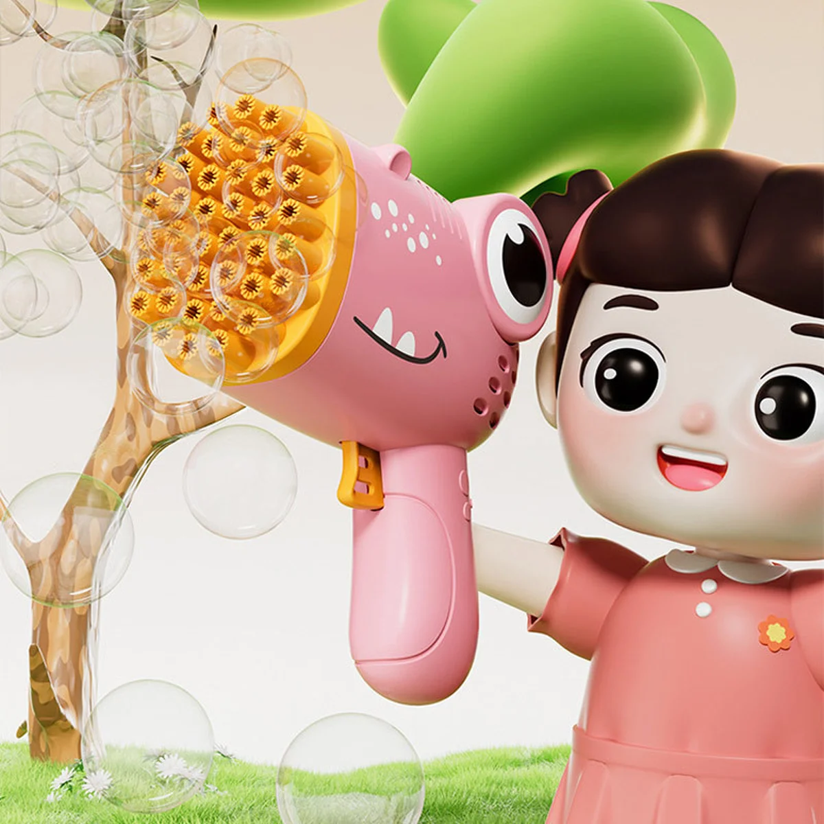 Пистолет для мыльных пузырей Dinosaur Bubble Gun с насадкой на 40 отверстий 50ml Pink