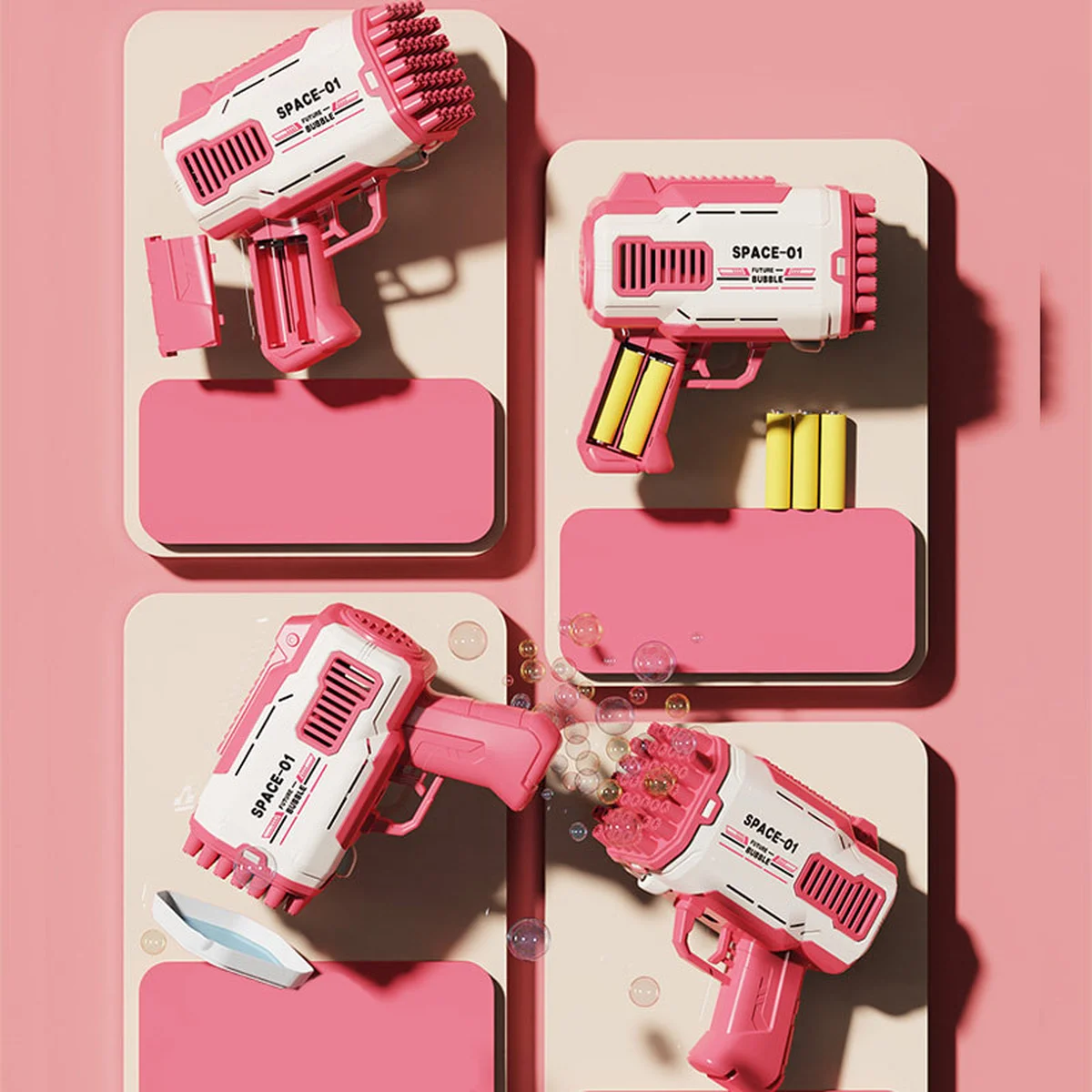 Пистолет для мыльных пузырей Bubble Gun 698-20 с насадками на 32/45 отверстий 50ml Pink