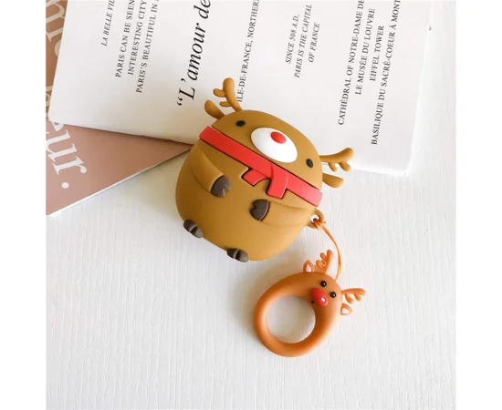 Силиконовый футляр Happy New Year с кольцом для наушников AirPods Олень / Коричневый