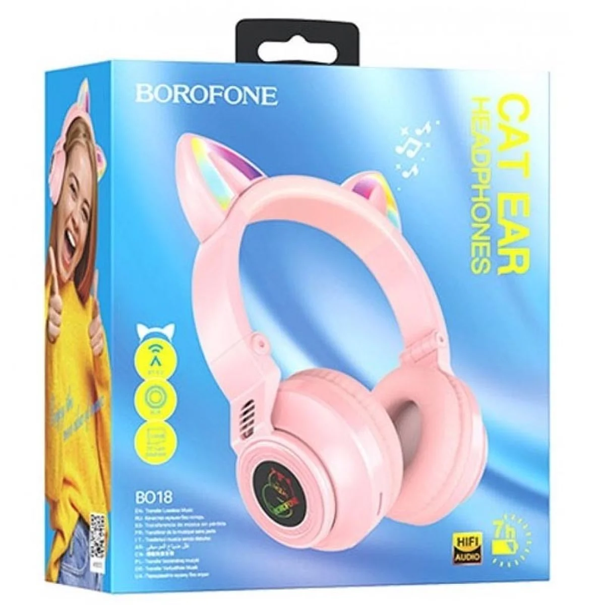 Bluetooth навушники BOROFONE BO18 Cat ear Рожевий