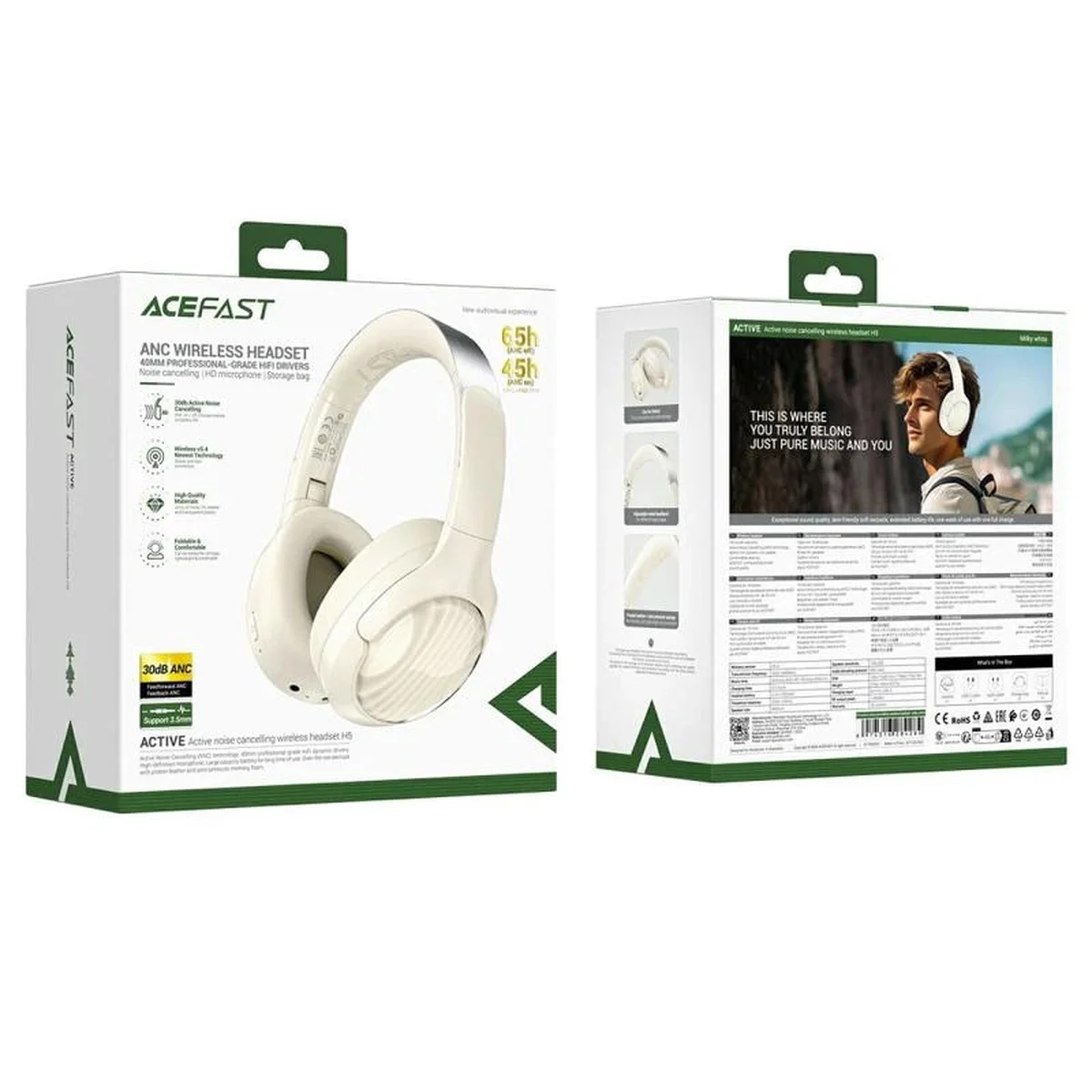 Накладные беспроводные наушники Acefast H5 ANC Milky White