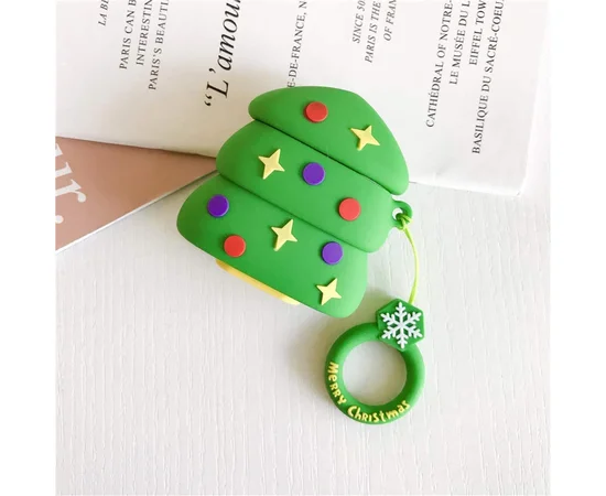 Силиконовый футляр Happy New Year с кольцом для наушников AirPods Новогодняя елка / Зеленый