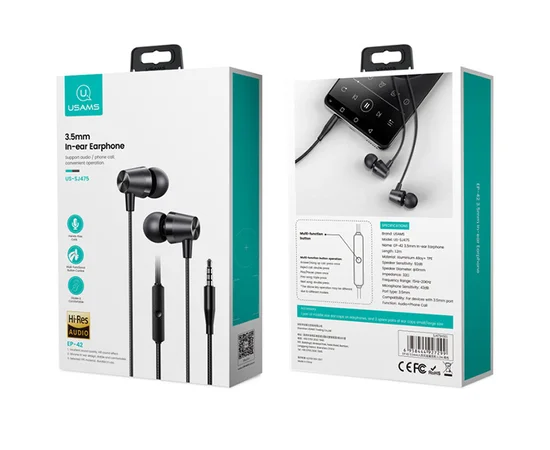 Наушники Usams EP-42 с микрофоном (3.5mm/1.2m) Черный