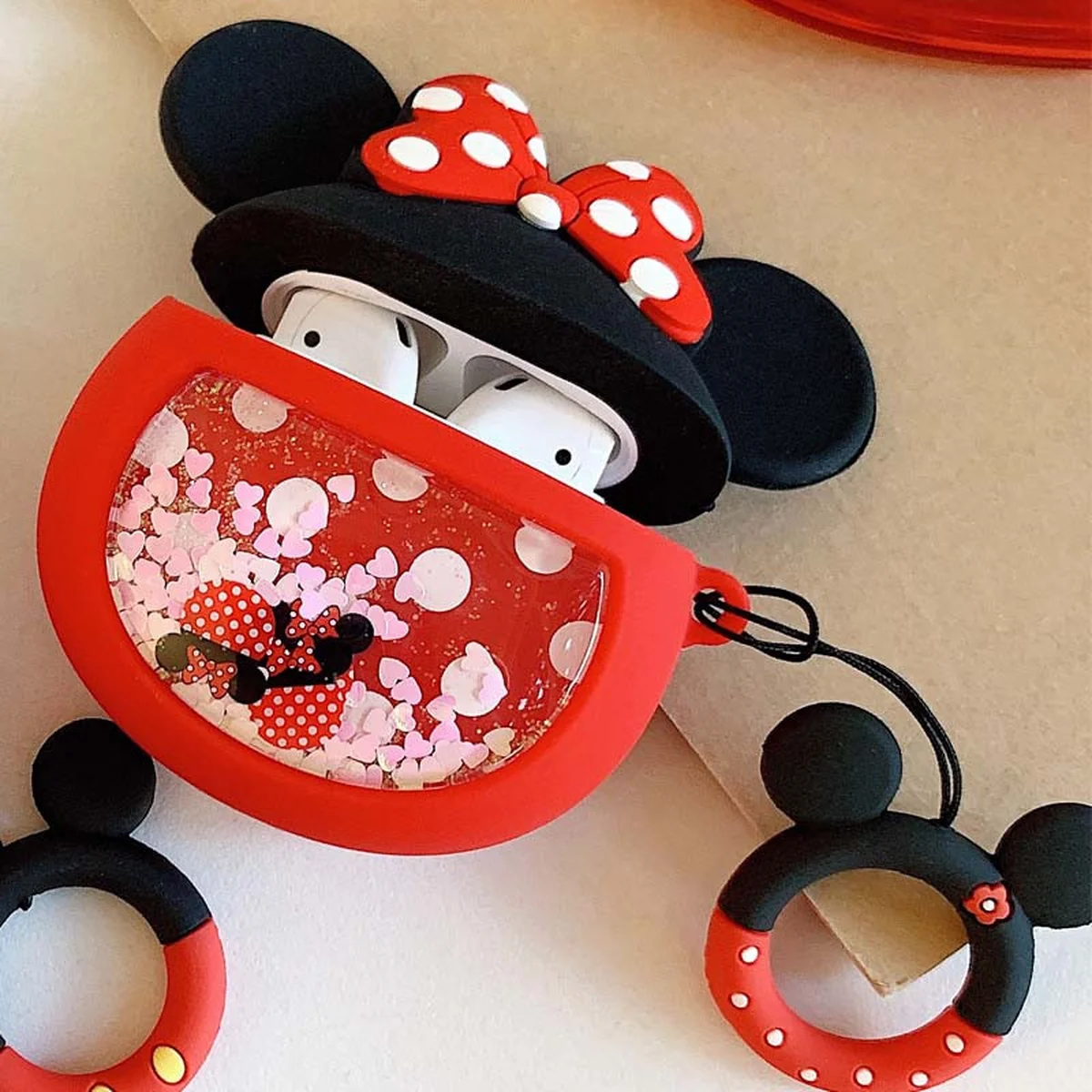 Силиконовый футляр Disney series with Sparckles & Water для наушников AirPods 1/2 + кольцо Минни Маус/Красный
