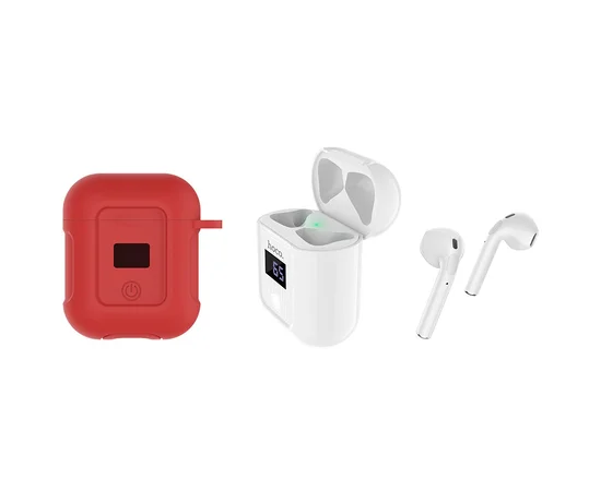 Bluetooth гарнитура HOCO S11 + красный силиконовый футляр Белый