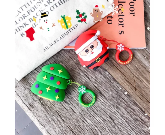 Силиконовый футляр Happy New Year с кольцом для наушников AirPods Санта / Красный