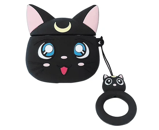Силиконовый футляр Anime для наушников AirPods + кольцо Кот Луна / Черный