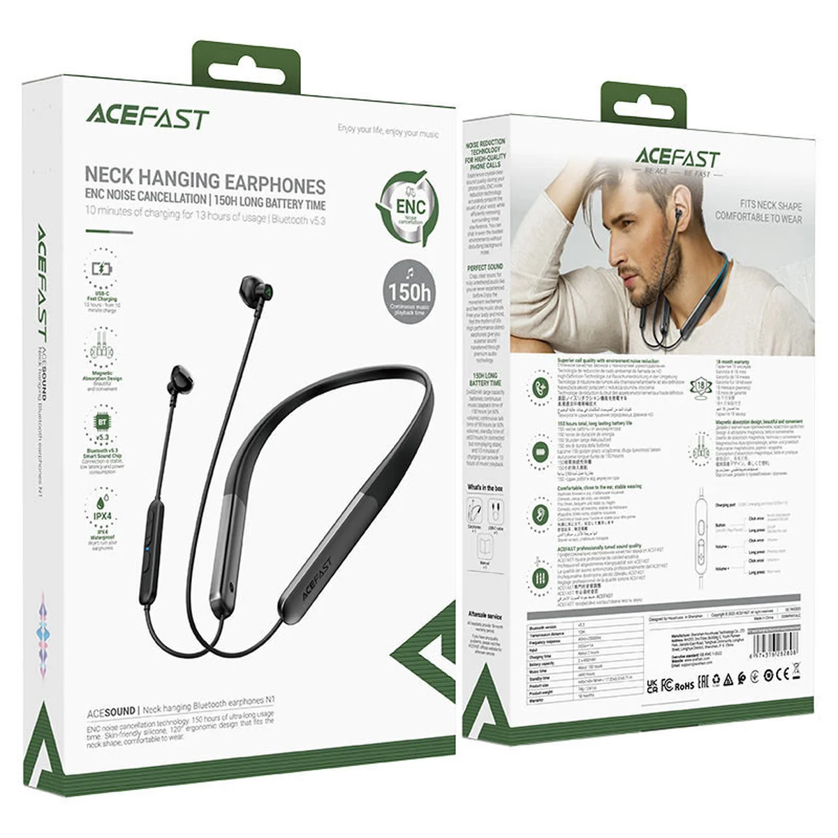 Bluetooth наушники Acefast N1 neck-hanging Black