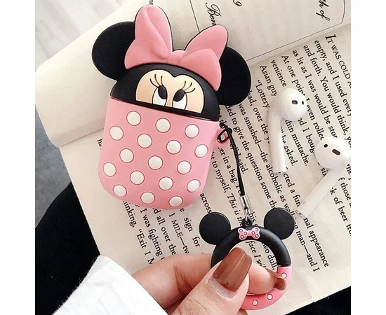 Силиконовый футляр Disney series для наушников AirPods2 + кольцо Минни Маус - розовый
