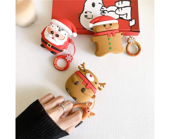 Силиконовый футляр Happy New Year с кольцом для наушников AirPods Олень / Коричневый