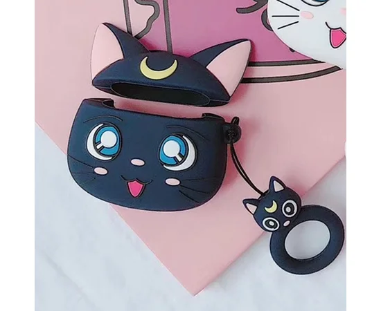 Силиконовый футляр Anime для наушников AirPods + кольцо Кот Сейлормун / Черный