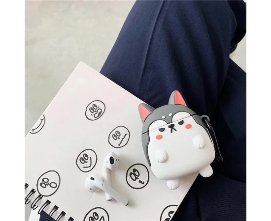 Силиконовый футляр Dogs для наушников AirPods Хаски / Серый