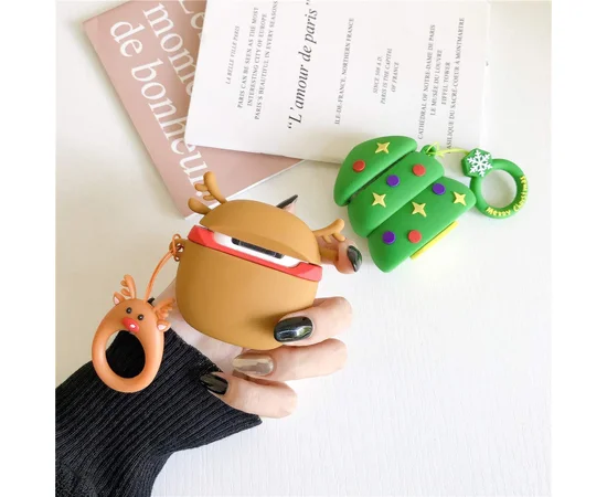 Силиконовый футляр Happy New Year с кольцом для наушников AirPods Олень / Коричневый