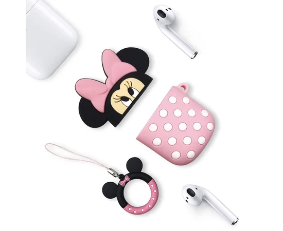 Силиконовый футляр Disney series для наушников AirPods2 + кольцо Минни Маус - розовый
