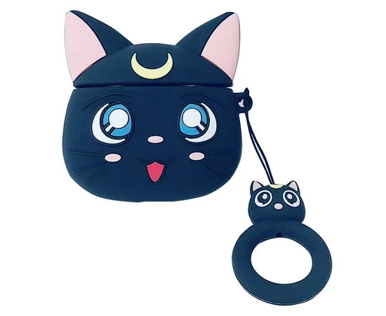Силиконовый футляр Anime для наушников AirPods + кольцо Кот Луна / Темно-синий