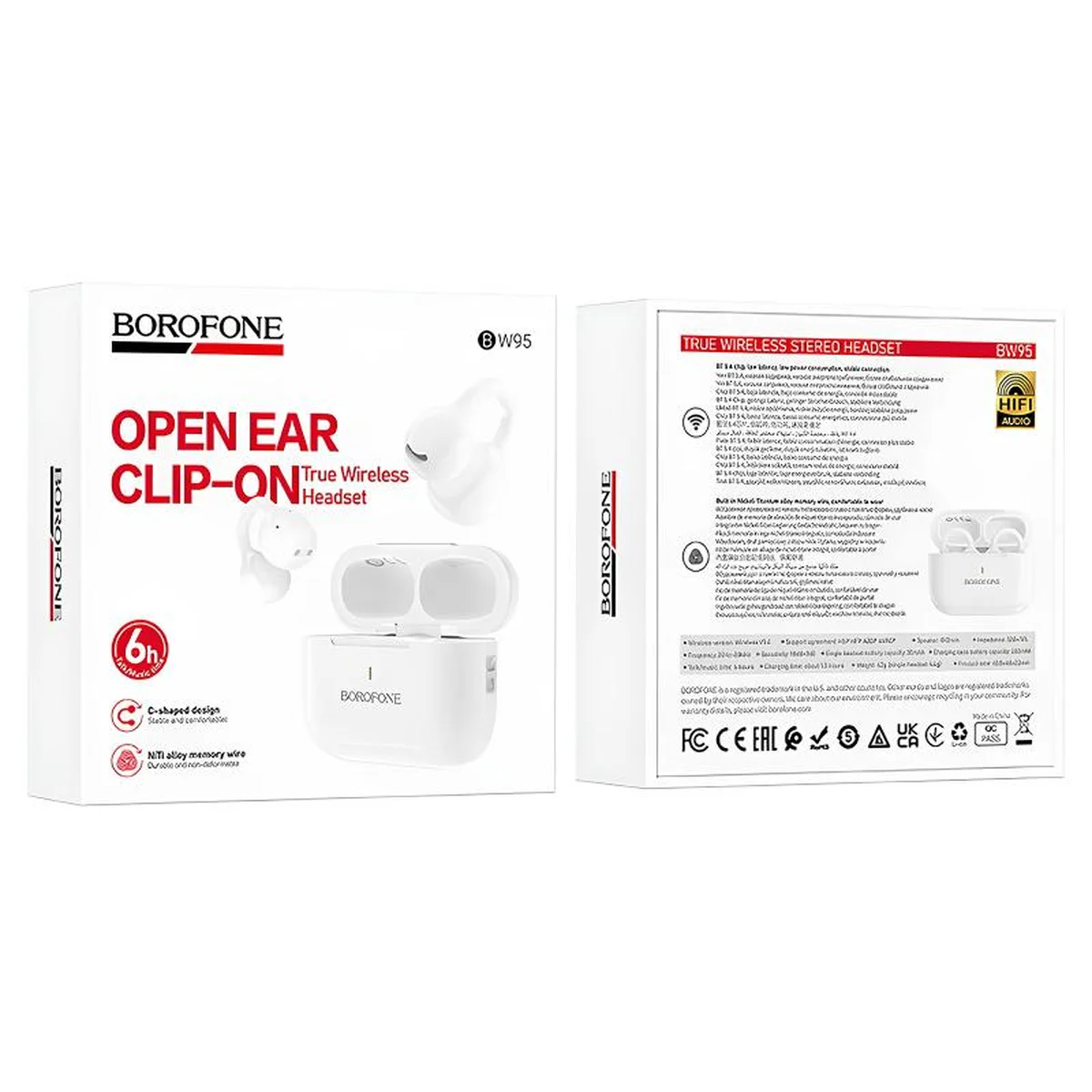 Беспроводные TWS наушники Borofone BW95 Cancion clip-on White