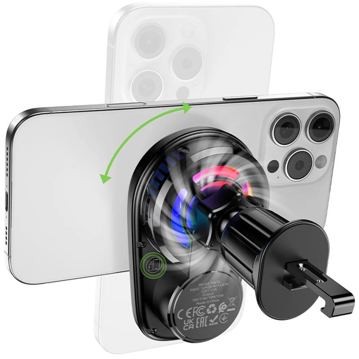 Автодержатель с БЗУ Hoco HW36 Electric 15W with cooler (air outlet) Black