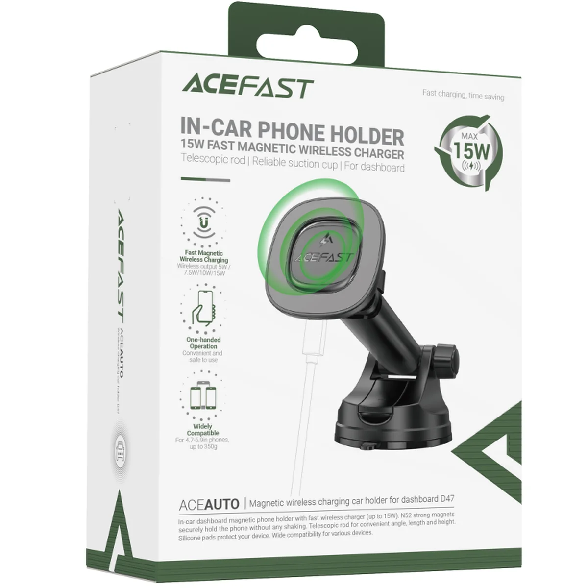 Автодержатель с БЗУ Acefast D47 Magnetic Charging 15W (center console) Black