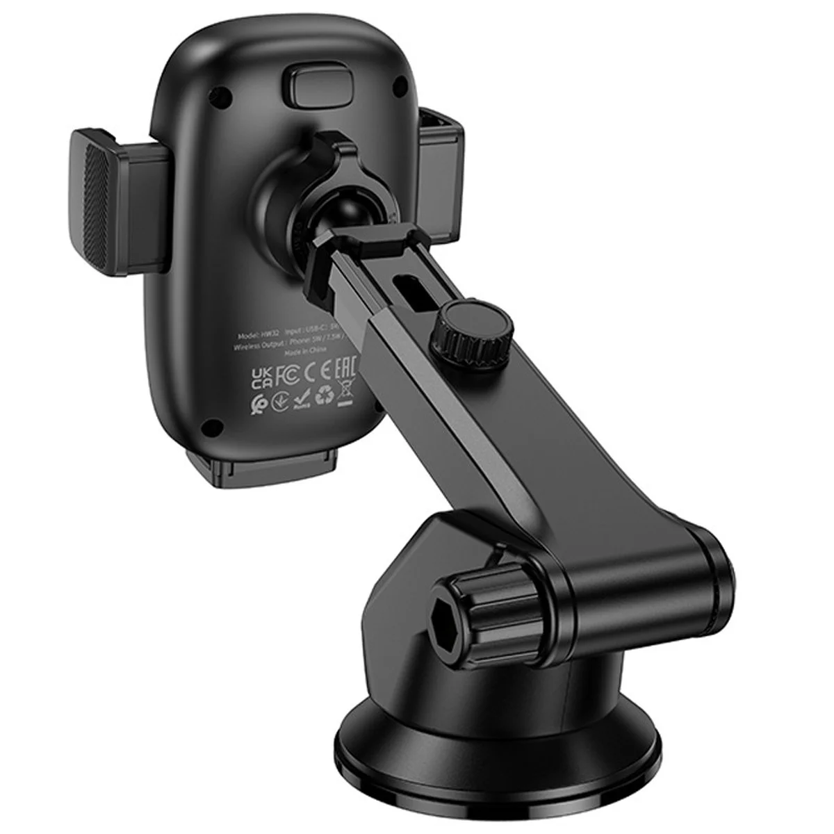 Автодержатель с БЗУ Hoco HW32 Crown push-type (center console) Black / Metal gray