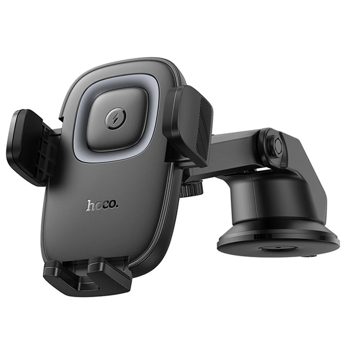 Автодержатель с БЗУ Hoco HW32 Crown push-type (center console) Black / Metal gray